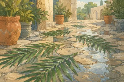 Palm Branches on Rainy Stone Path