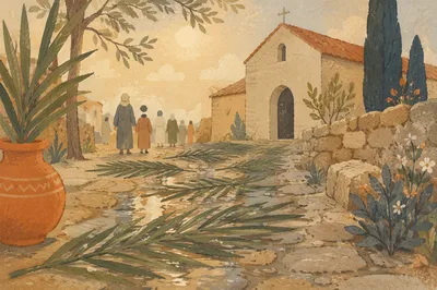 Palm Branches on Rain-Kissed Chapel Path