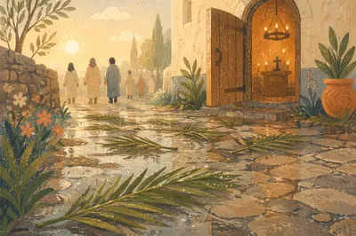 Palm Branches on Rainy Chapel Path