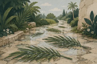 Palm Branches on Rainy Stone Path