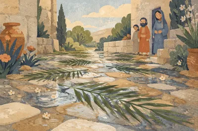 Palm Branches on Rainy Stone Path