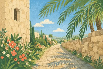 Palm Branches Over Sunlit Stone Path