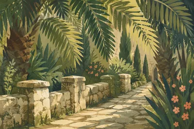 Palm Branches Over Rustic Stone Path