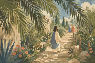 Palm Branches Framing Rustic Stone Path