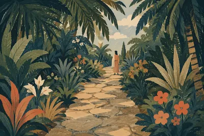 Palm Branches Along Serene Stone Path
