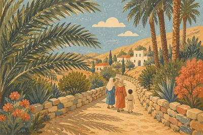 Sunlit Palm Branches Along Stone Path