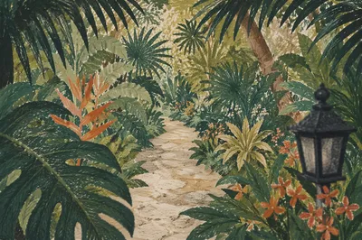 Palm Branches Framing Stone Garden Path