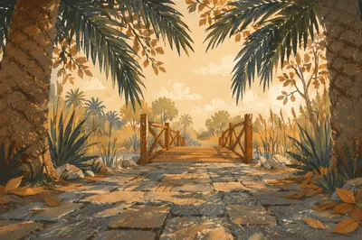 Palm Branches Along Autumn Stone Path