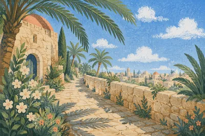 Palm Branches Over Sunlit Stone Path