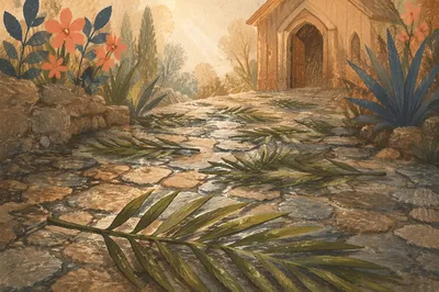 Palm Branches on Rainy Chapel Path