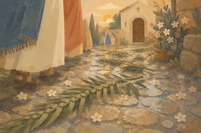 Palm Branches on Rainy Chapel Path