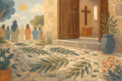 Palm Branches on Stone Path to Chapel