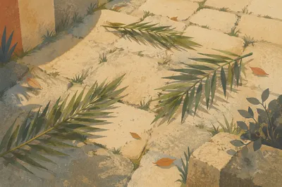 Palm Branches on Weathered Stone Path
