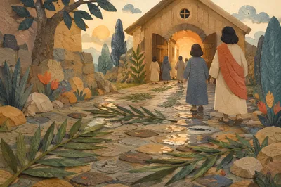 Palm Branches on Rainy Chapel Path