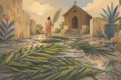Palm Branches on Rainy Chapel Path