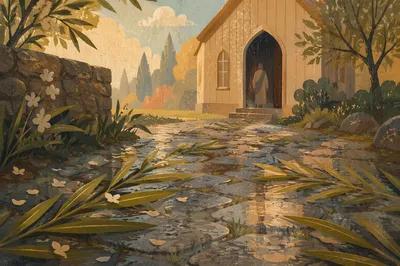 Palm Branches on Rainy Chapel Path
