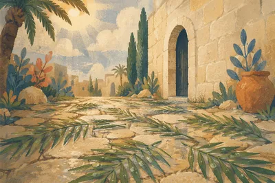 Palm Branches on Rain-Kissed Chapel Path