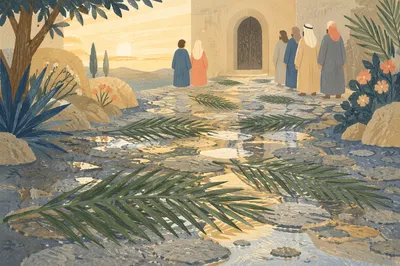 Palm Branches on Rainlit Chapel Path