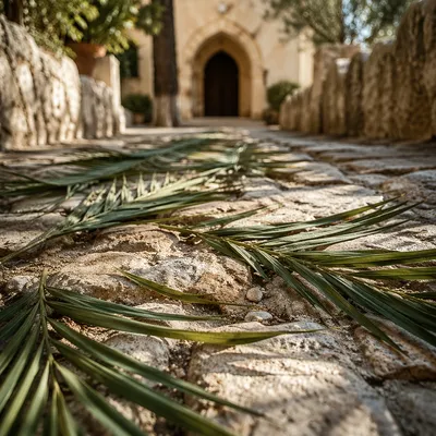 Palm Branches on Morning Stone Path