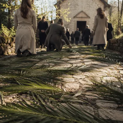 Palm Sunday Branches on Chapel Stone Path