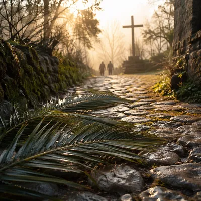 Palm Branches on Rain-Kissed Stone Path