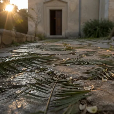 Palm Branches on Rainwashed Chapel Path