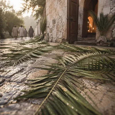 Palm Branches on Rainy Chapel Path