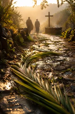 Palm Branches on Rainy Chapel Stone Path