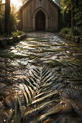 Palm Branches on Rain Damp Chapel Path