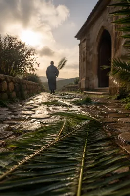 Palm Branches on Rainy Chapel Path
