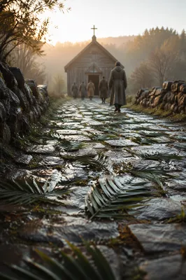 Palm Branches on Rainy Chapel Path