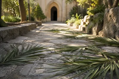 Palm Branches on Stone Path to Chapel