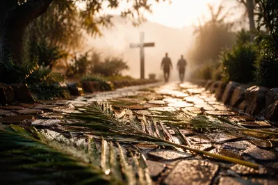 Palm Branches on Rain-Kissed Stone Path