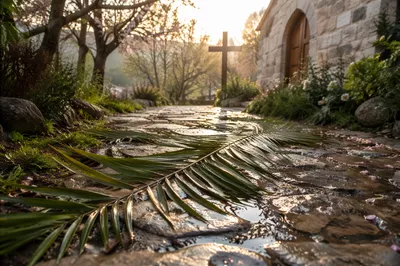 Palm Branches on Rainy Chapel Path