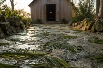 Palm Branches on Rain-Damp Chapel Path