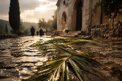 Palm Branches on Rain-Kissed Chapel Path