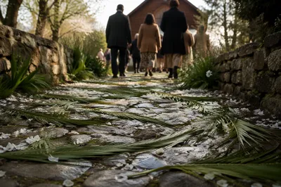 Palm Branches Along a Chapel Stone Path