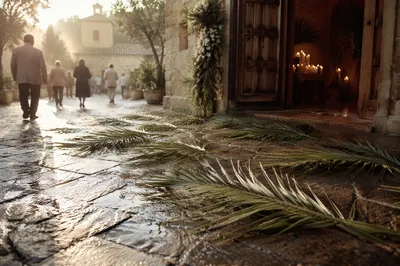 Palm Branches on Rainy Chapel Path