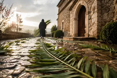 Palm Branches on Rainy Chapel Stone Path