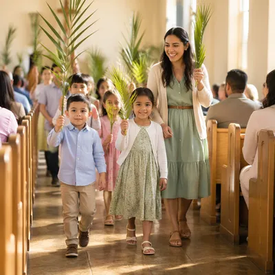 Children Waving Palm Branches in Church