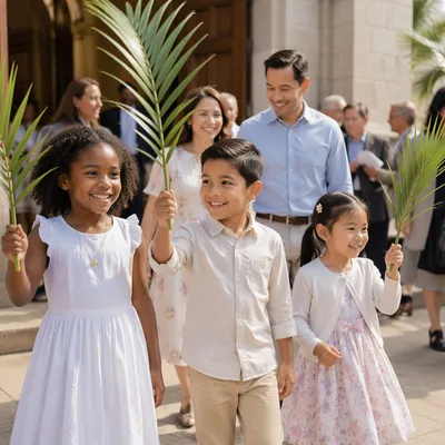 Children Waving Palm Branches Outside Church