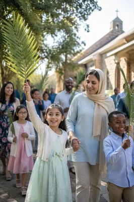 Children Waving Palm Branches by Church