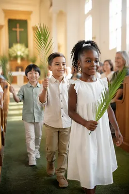 Children Waving Palm Branches in Church