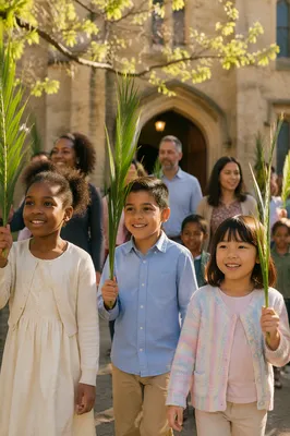 Children Waving Palm Branches by Church