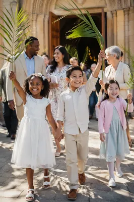 Children Waving Palm Branches Outside Church