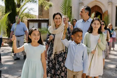 Children Waving Palm Branches Near Church