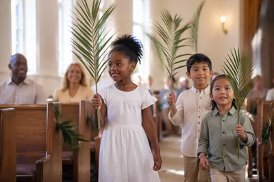 Children Carrying Palm Branches in Church