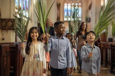 Children Waving Palm Branches in Church