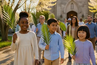 Children Waving Palm Branches Near Church