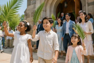 Children Waving Palm Branches Outside Church